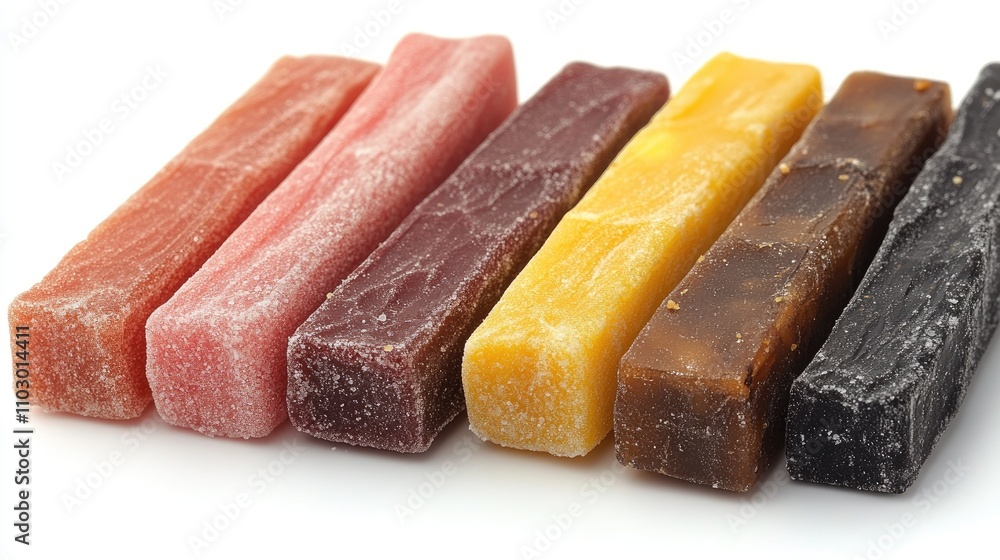 Poster assorted natural licorice candy sticks in various colors arranged neatly on a white background for a