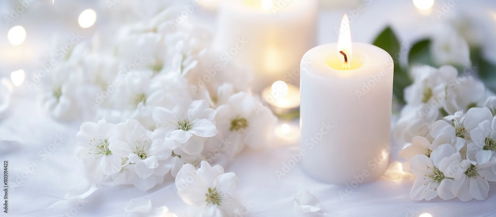 Poster romantic table setting with white flowers and flames creating an enchanting atmosphere for special o