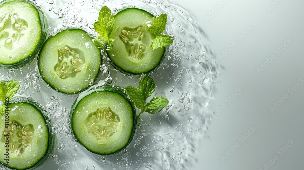 Aufkleber fresh cucumber slices with mint leaves on a textured background capturing hydration and freshness in