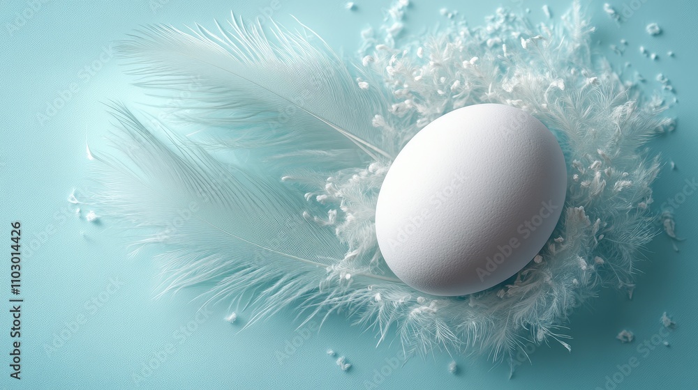 Poster white egg surrounded by soft white feathers on a serene light blue background creating a tranquil an