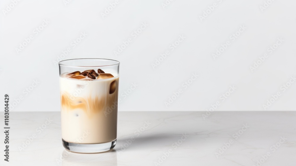 Poster coffee flavored milk in a glass container with ice on a minimalist white background showcasing a ref