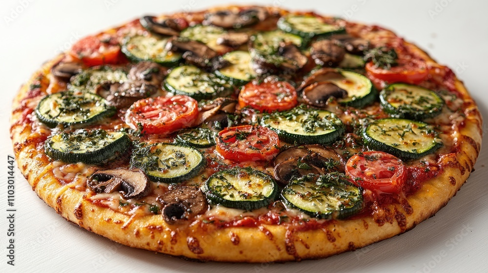 Poster gourmet vegetable pizza topped with zucchini mushrooms and tomatoes displayed on a white background 