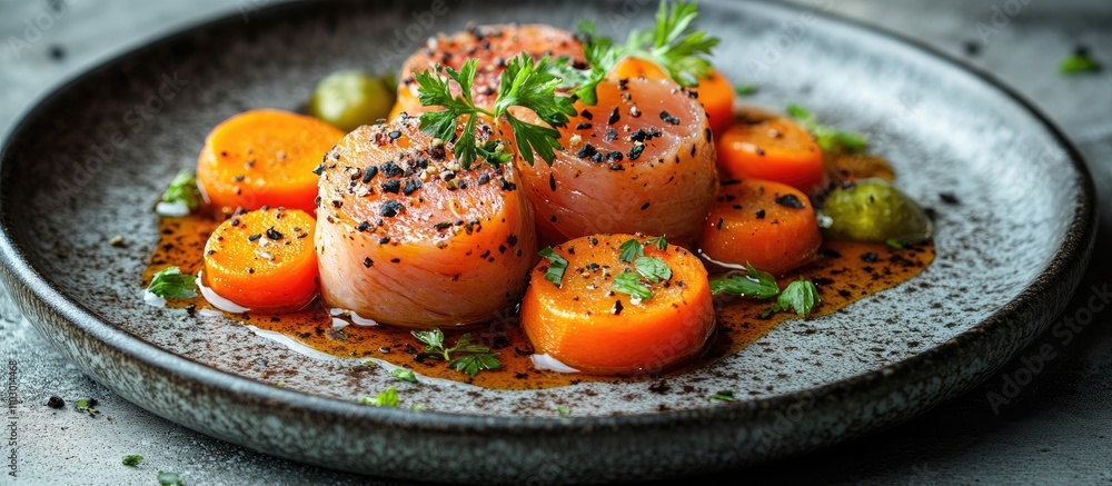 Poster elegant cold appetizer of cured fish with carrots and pickles in cedar sauce presented on a textured