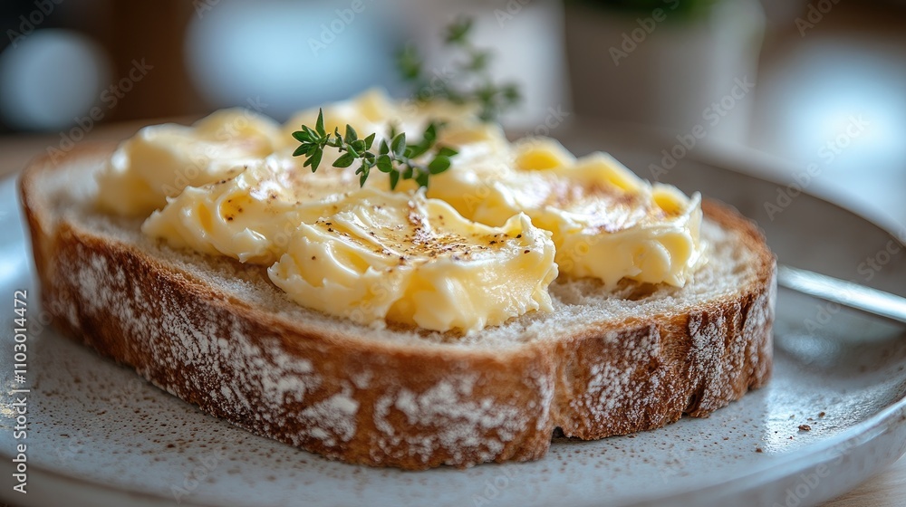 Poster freshly buttered bread slice with herbs on a rustic plate against a blurred background for culinary 