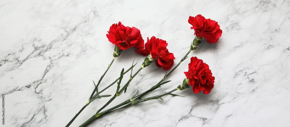 Poster Stunning close up of red carnations arranged on white marble background with ample copy space for mock up design concepts