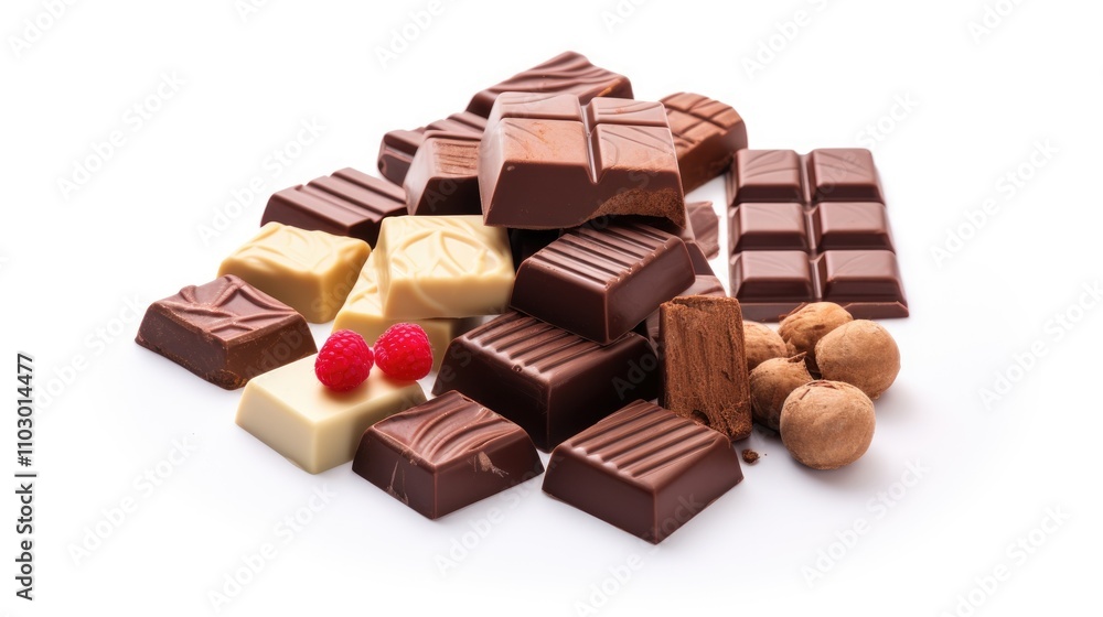 Poster Assorted chocolate varieties arranged artfully with raspberries and nuts on a clean white background showcasing indulgent treats.