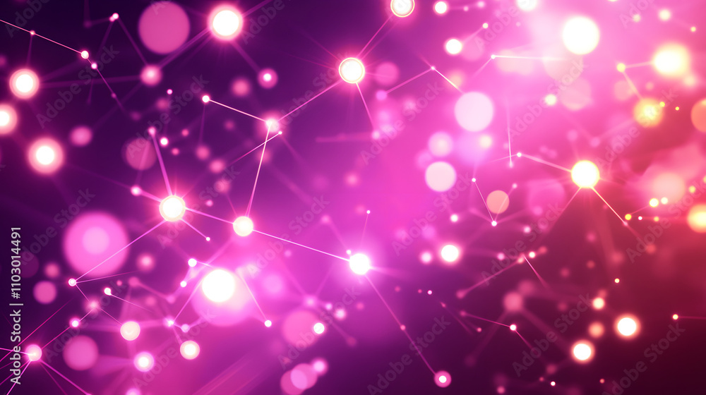 Poster abstract pink and purple background with glowing bokeh lights and connecting lines. perfect for tech