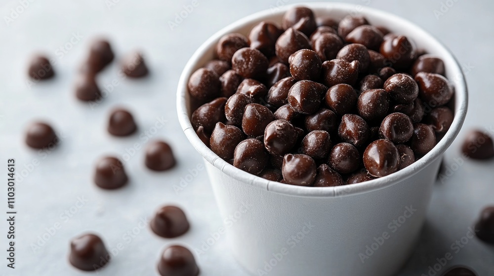 Poster Chocolate callets in a white cup on a gray surface scattered with more callets flat lay confectionery concept top view close up
