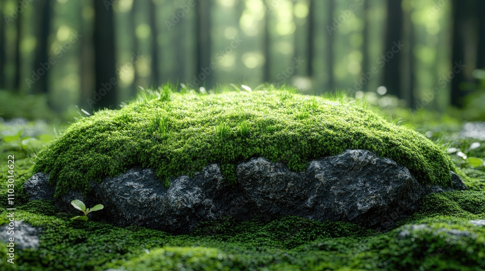 Poster vibrant moss covered rock in serene forest setting with soft light filtering through lush trees