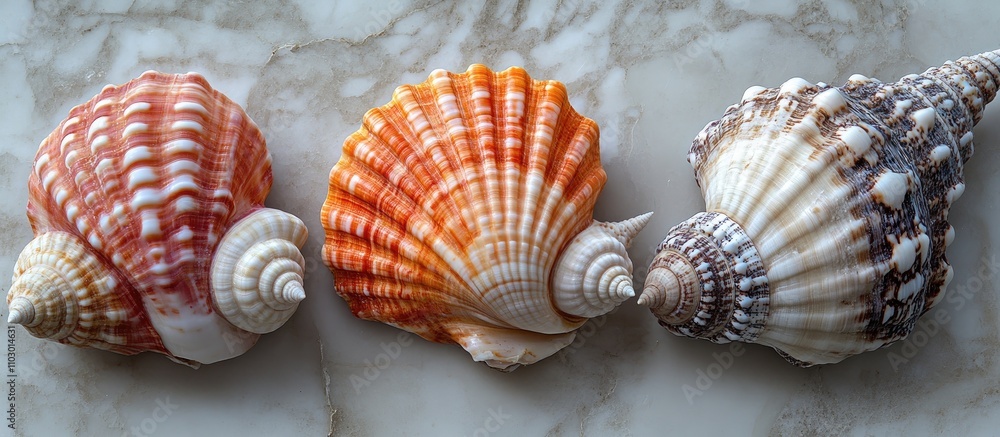 Poster three unique and colorful seashells arranged on a marble surface showcasing natural textures and pat