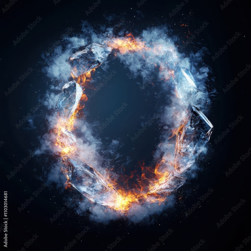 Poster swirling mist and dark ice crystal frame with fiery edges in an ethereal environment