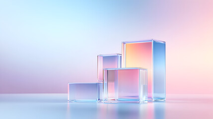 3d render, abstract geometric background, translucent glass with violet pink blue gradient, simple square shapes