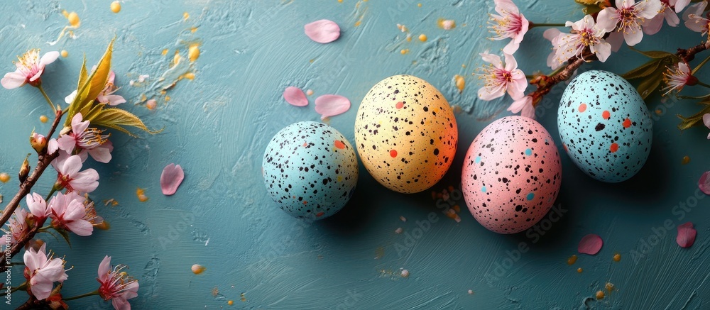 Poster easter greeting card design with colorful speckled eggs and cherry blossoms on a textured background