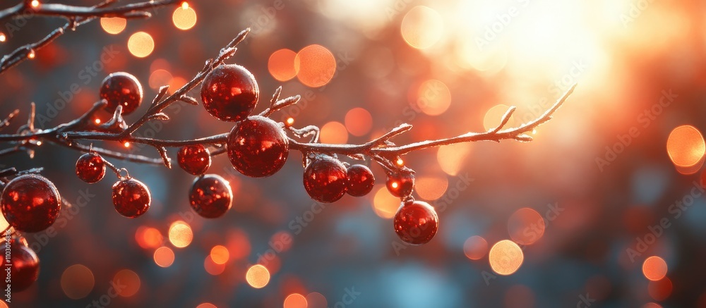 Aufkleber Festive tree branches adorned with shiny red balls creating a warm and inviting bokeh background for holiday greeting cards and decorations