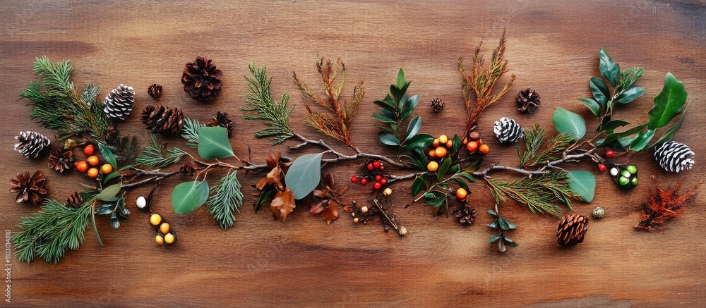 Poster festive christmas greenery and ornaments arranged on a rustic wooden surface for a seasonal flat lay
