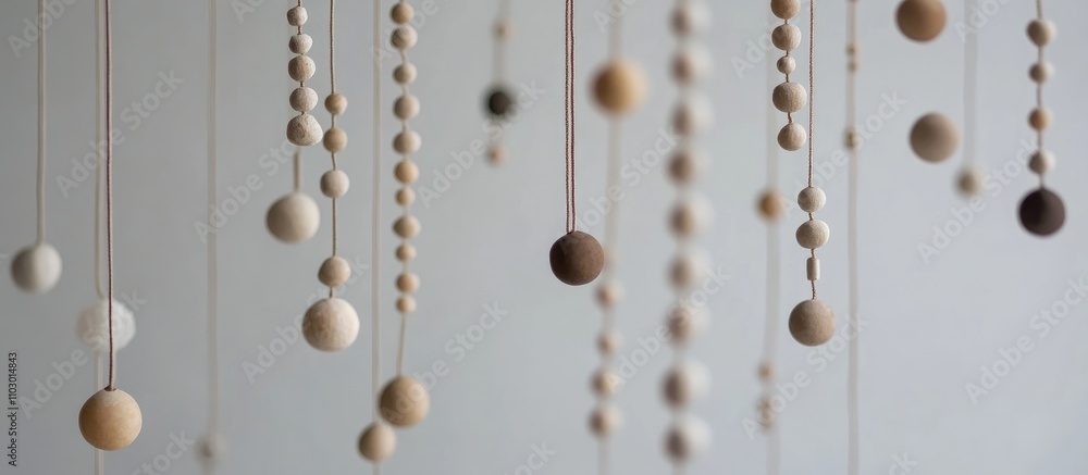 Poster strings of wooden beads hanging against a soft neutral backdrop creating a serene and minimalist vis
