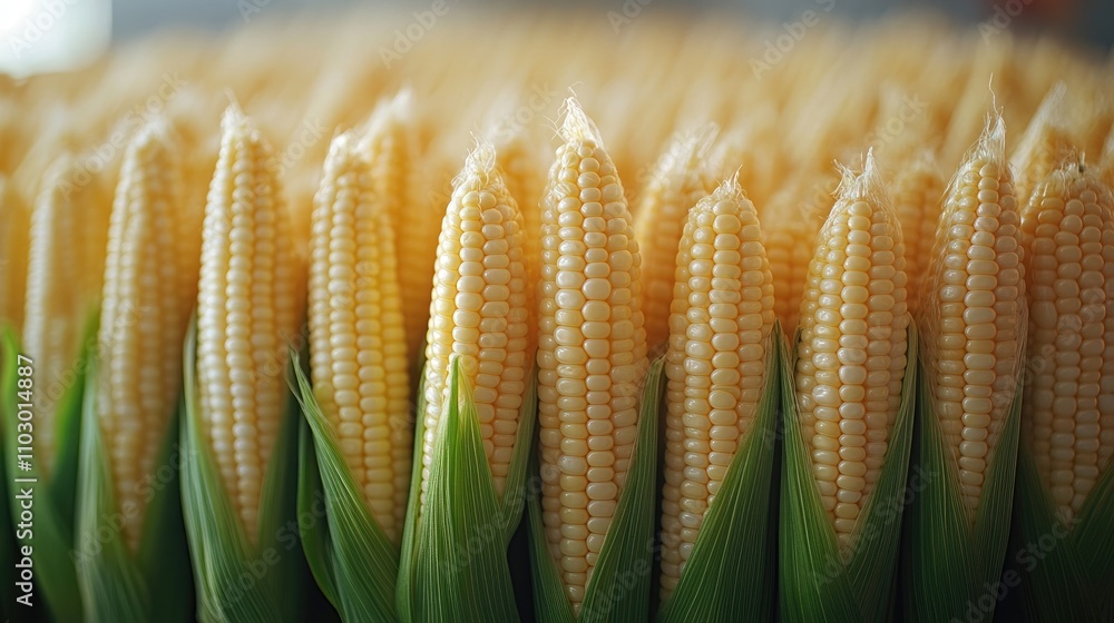 Poster freshly harvested corn cobs displayed in a row with green husks on a white background showcasing the
