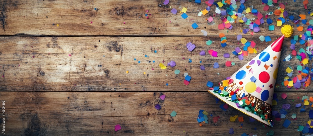 Poster vibrant party scene with colorful confetti and clown hat on rustic wooden background in top view fla