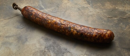 Smoked sausage resting on stone surface with natural textures showcasing its rich color and unique shape for culinary presentations