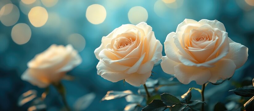 Elegant white roses in soft focus against a dreamy blue background with bokeh effects perfect for congratulatory messages and greetings.