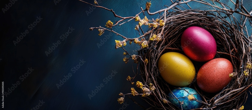 Poster colorful easter eggs arranged in a decorative nest with twigs and delicate flowers against a dark ba