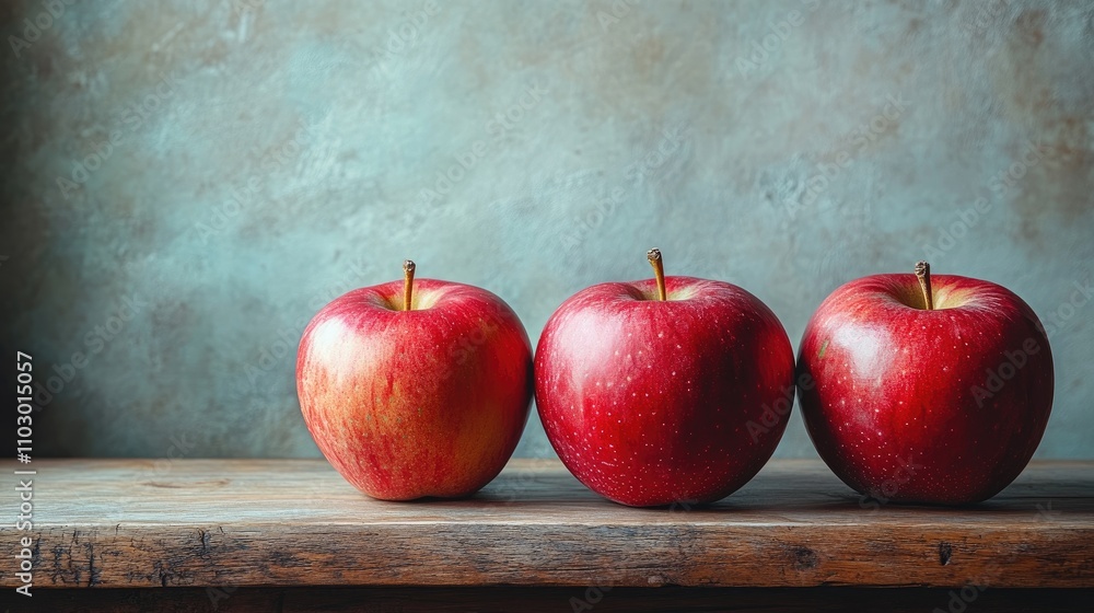 Poster three fresh red apples arranged on a rustic wooden surface with a textured background showcasing vib