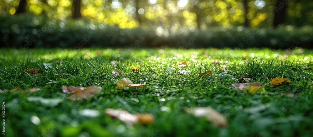 Poster tranquil blurred view of a sunlit park with lush green grass and scattered autumn leaves creating a 