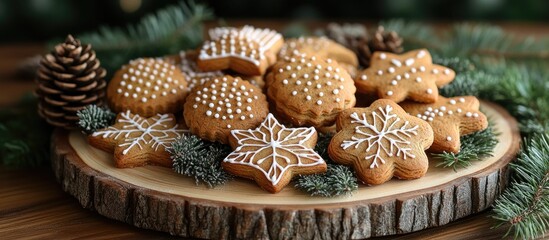 Fototapeta premium Festive gingerbread cookies on a rustic wooden plate surrounded by pine cones and evergreen branches for a holiday celebration