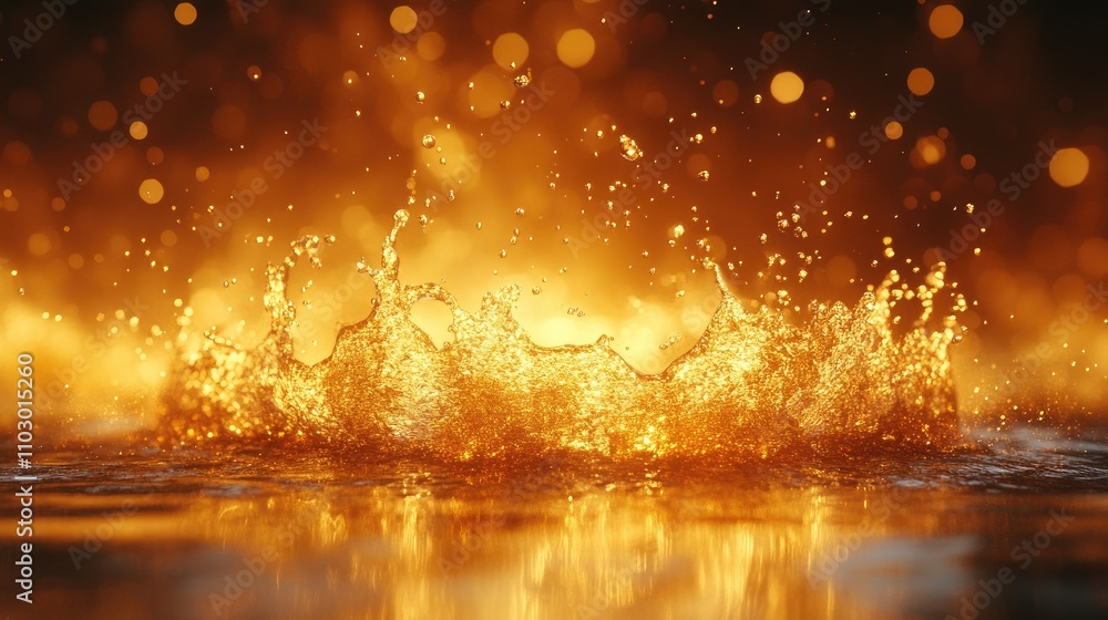 Poster Dynamic water splash creating a vibrant explosion of droplets and shimmering reflections in a warm, glowing atmosphere.