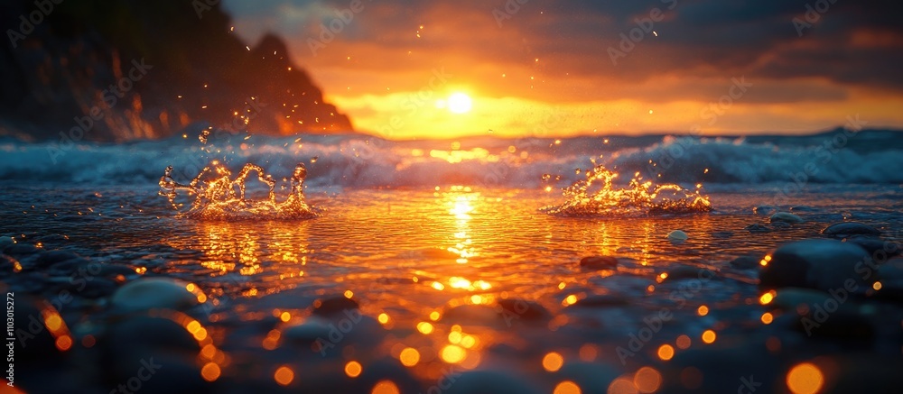 Poster sunset glow on pebble beach with reflections and splashing waves creating a serene coastal atmospher