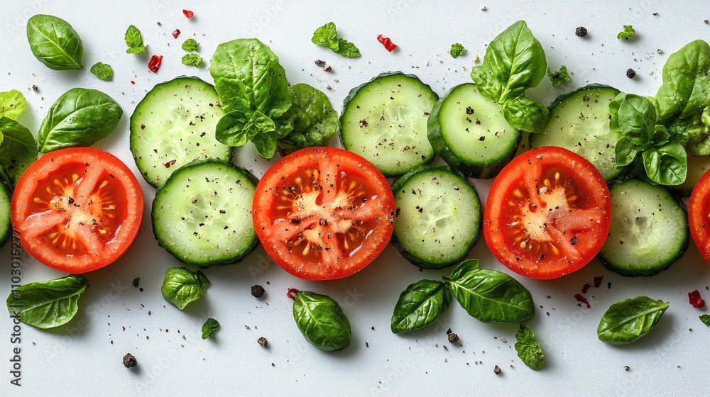 Poster Fresh vegetables arranged in a continuous flat lay design showcasing vibrant colors and textures against a white background with herbs and spices.