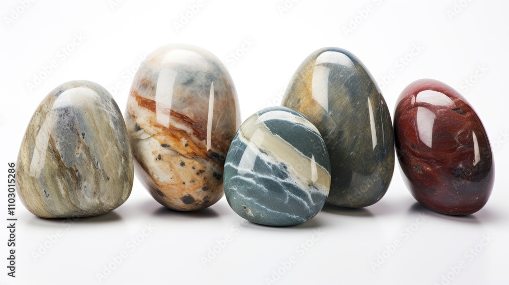 Poster polished colorful sea stones arranged on a white background showcasing unique textures and patterns 