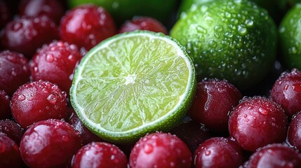 Fresh lime slice on vibrant grape cluster with water droplets highlighting juicy textures and colors for culinary or beverage themes.