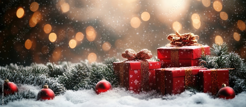 Poster festive christmas scene with beautifully wrapped gift boxes and snowy branches creating a cozy holid