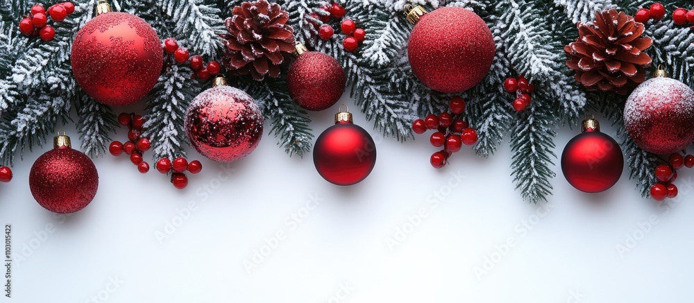 Aufkleber festive christmas tree decorations with red ornaments pinecones and frosted branches on a bright whi