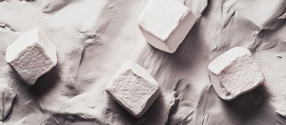 Poster Marshmallows arranged on a textured light gray stone surface creating an appealing bird's eye view flat lay background for food photography