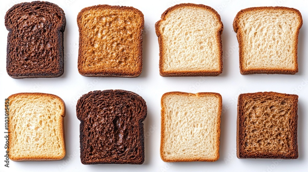 Poster variety of sliced bread from above showcasing different colors and textures on a white background wi
