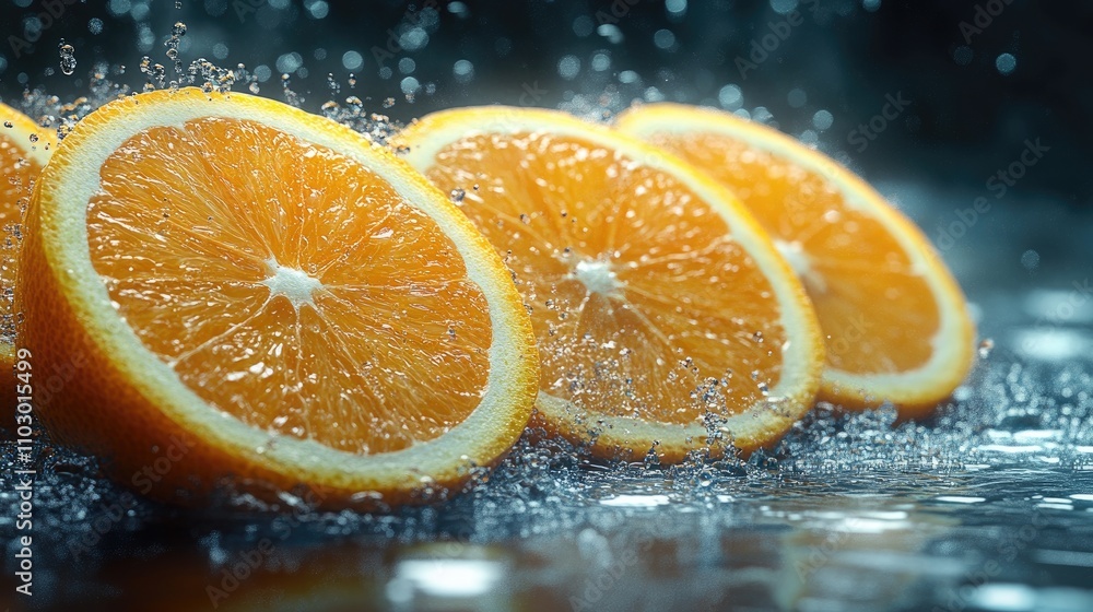 Poster freshly sliced oranges splashing in water with a dark atmospheric background showcasing vibrant citr