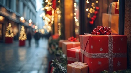 Festive gift boxes adorned with bows in a vibrant shopping street, surrounded by twinkling lights and holiday decorations, creating a joyful holiday ambiance.