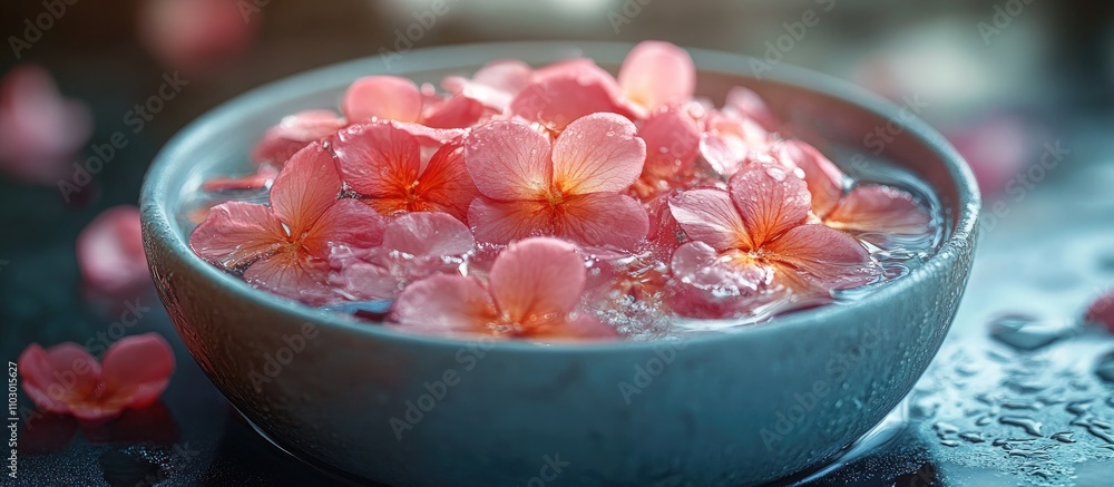 Poster bowl of water infused with perfume and delicate pink flowers creating a serene and fragrant ambiance