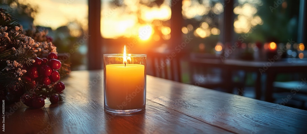 Aufkleber Serene Sunset with Illuminated Candle on Table Creating Warm Atmosphere in Cozy Indoor Setting