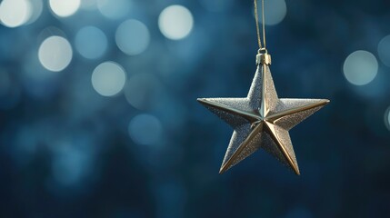 A glimmering gold star ornament suspended delicately against a soft-focus starry blue background, embodying the enchanting essence of the holiday season.