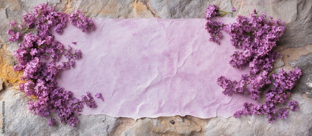 Poster lilac flower arrangement with textured paper on a rustic stone surface showcasing a beautiful flat l