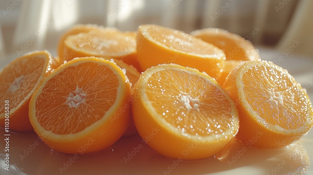 Poster freshly sliced oranges with glistening juice arranged elegantly on a simple white plate against a so