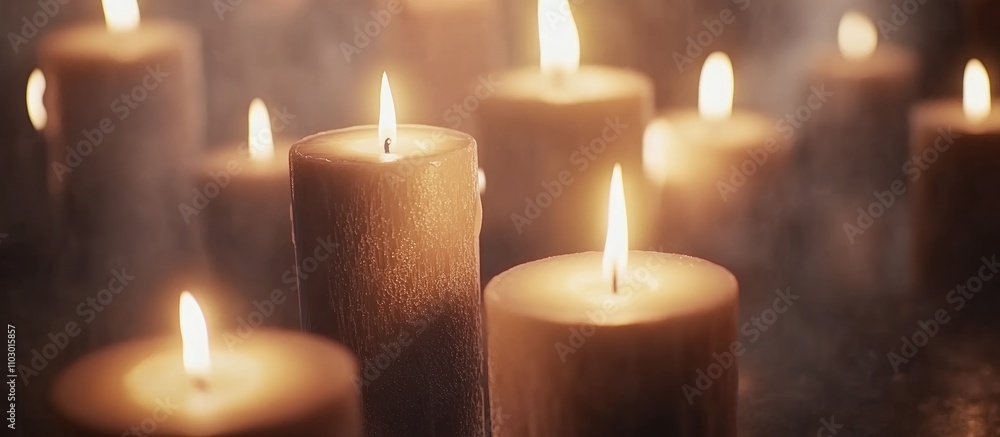 Poster warm ambiance created by multiple burning candles with a soft focus background for a tranquil atmosp