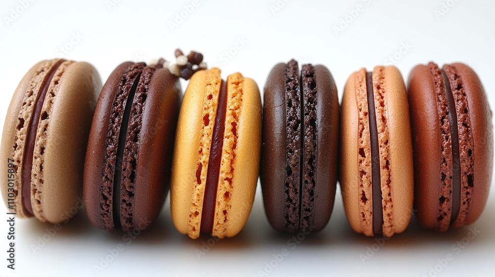 Poster colorful macarons in various shades arranged in a row on a clean white background perfect for desser