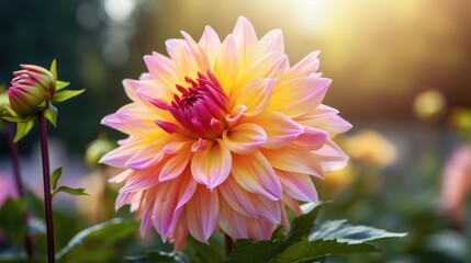 Vibrant pink and yellow Dahlia flower illuminated by sunlight with a soft focus garden background showcasing natural beauty and serenity.