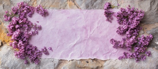 Lilac flower arrangement with textured paper on a rustic stone surface showcasing a beautiful flat lay composition for creative projects