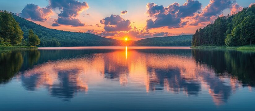 Peaceful sunset over serene lake with colorful cloud reflections calm water lush green hills and trees in the background during early summer