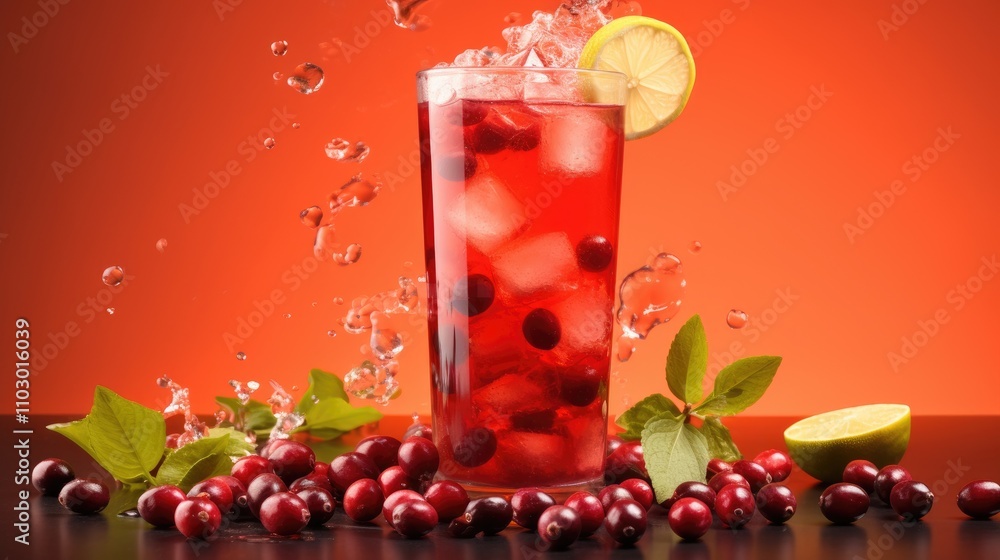 Poster refreshing organic cranberry juice with ice and citrus garnish on vibrant background